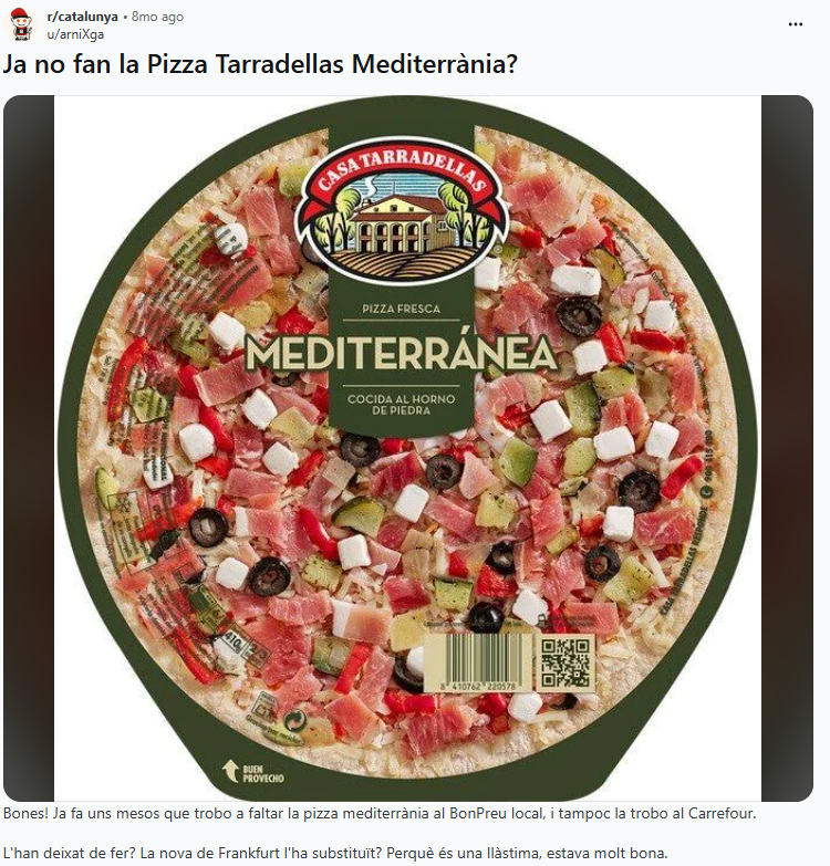 captura de pantalla d'una entrada de reddit on un usuari pregunta si ja no fan la pizza mediterrània